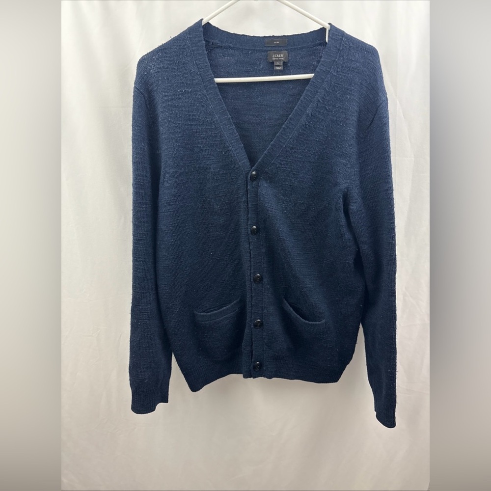 J Crew Sweater Mens L Blue Grandpa Cardigan 100% Merino Wool Elbow Patch Slim - Picture 9 of 9